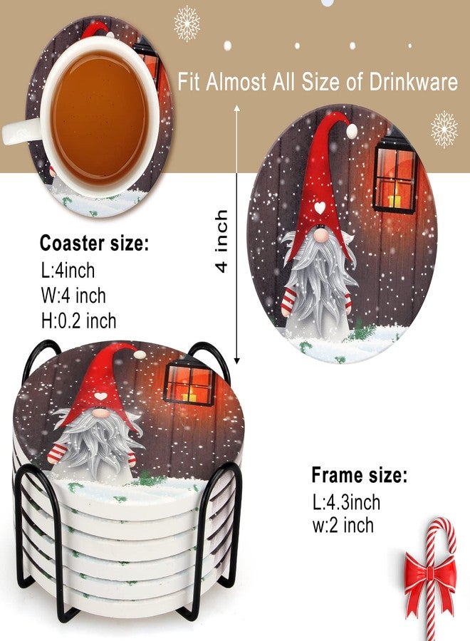 Dksyee 6 Pcs Ceramic Christmas Gnome Coasters with Holder Best Absorbent Coasters Round Drink Christmas Coaster Xmas Vintage Coffee Table Cup Coaster Set for Decor, Living Room, Desk - Image 3